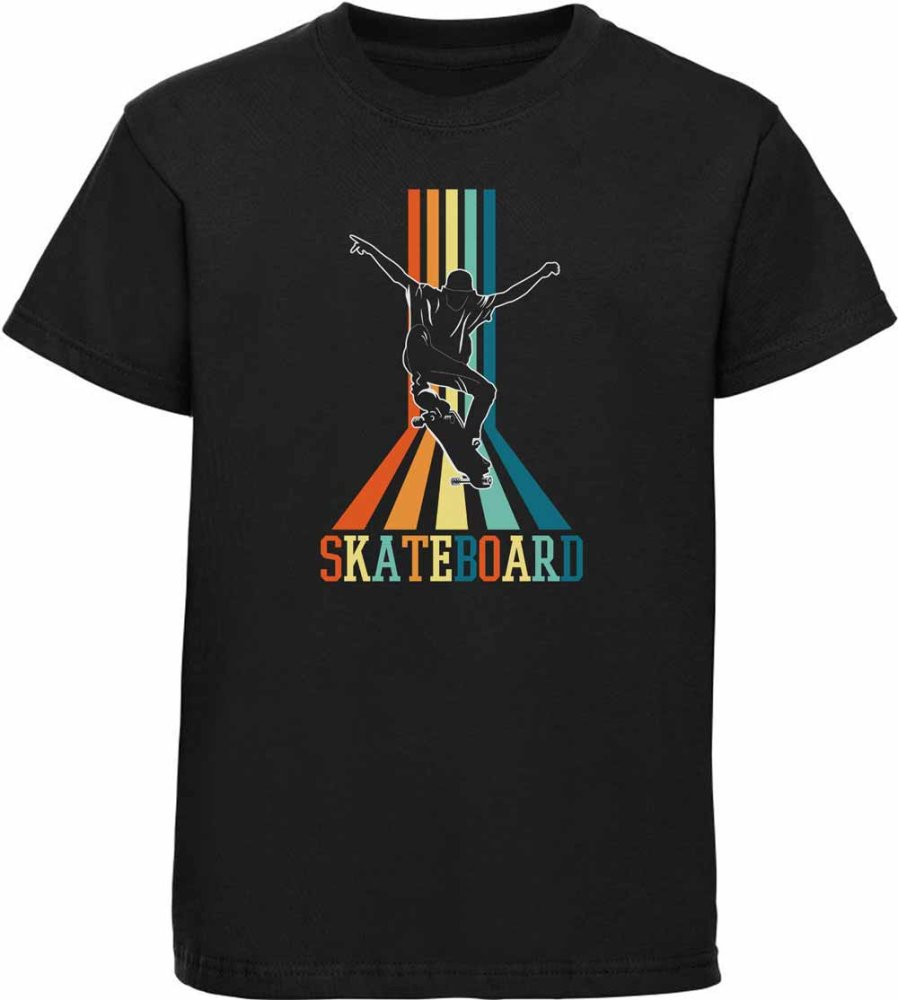 Bedrucktes Kinder T-Shirt Skateboarder vor Retro Skateboard Schriftzug